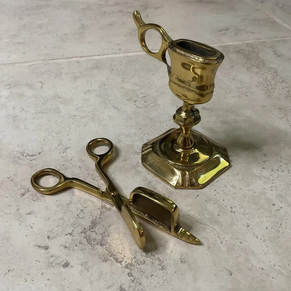 Vintage Solid Brass Candle Wick Snuffer Trimmer Scissor with Stand Made England